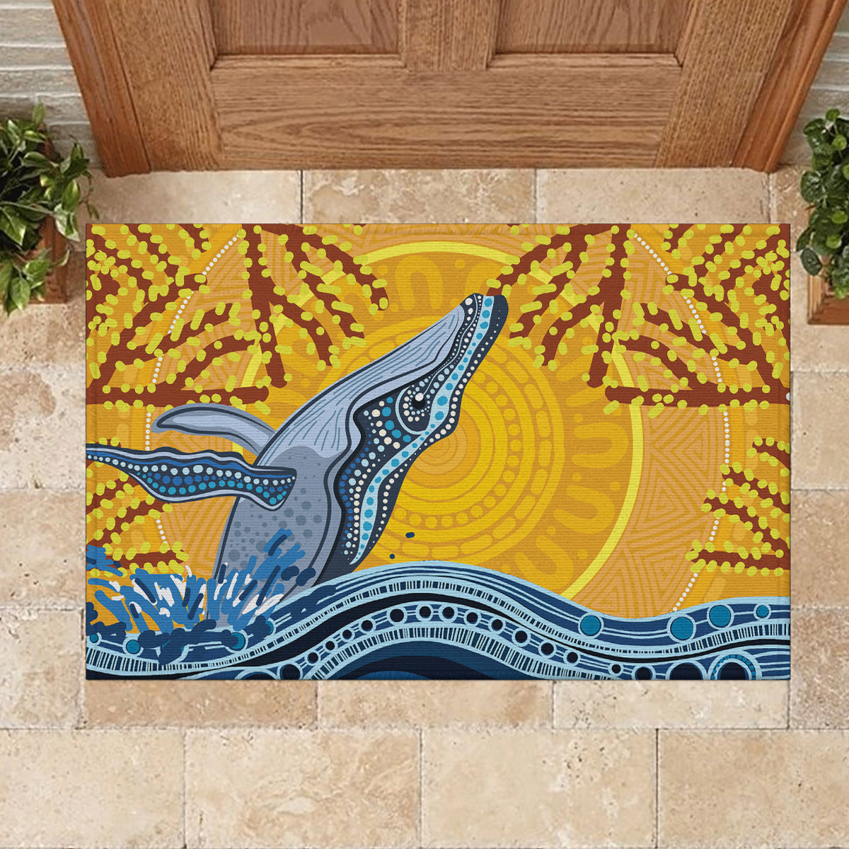 Whale In The Ocean Aboriginal Dot Art Rubber Doormat No2