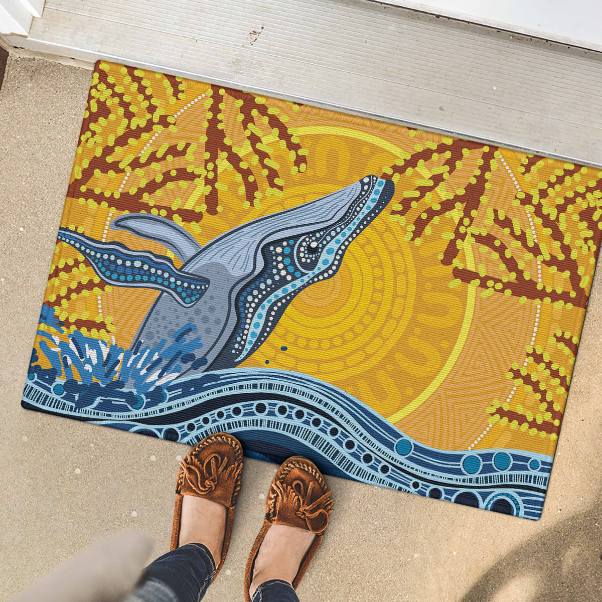 Whale In The Ocean Aboriginal Dot Art Rubber Doormat No2