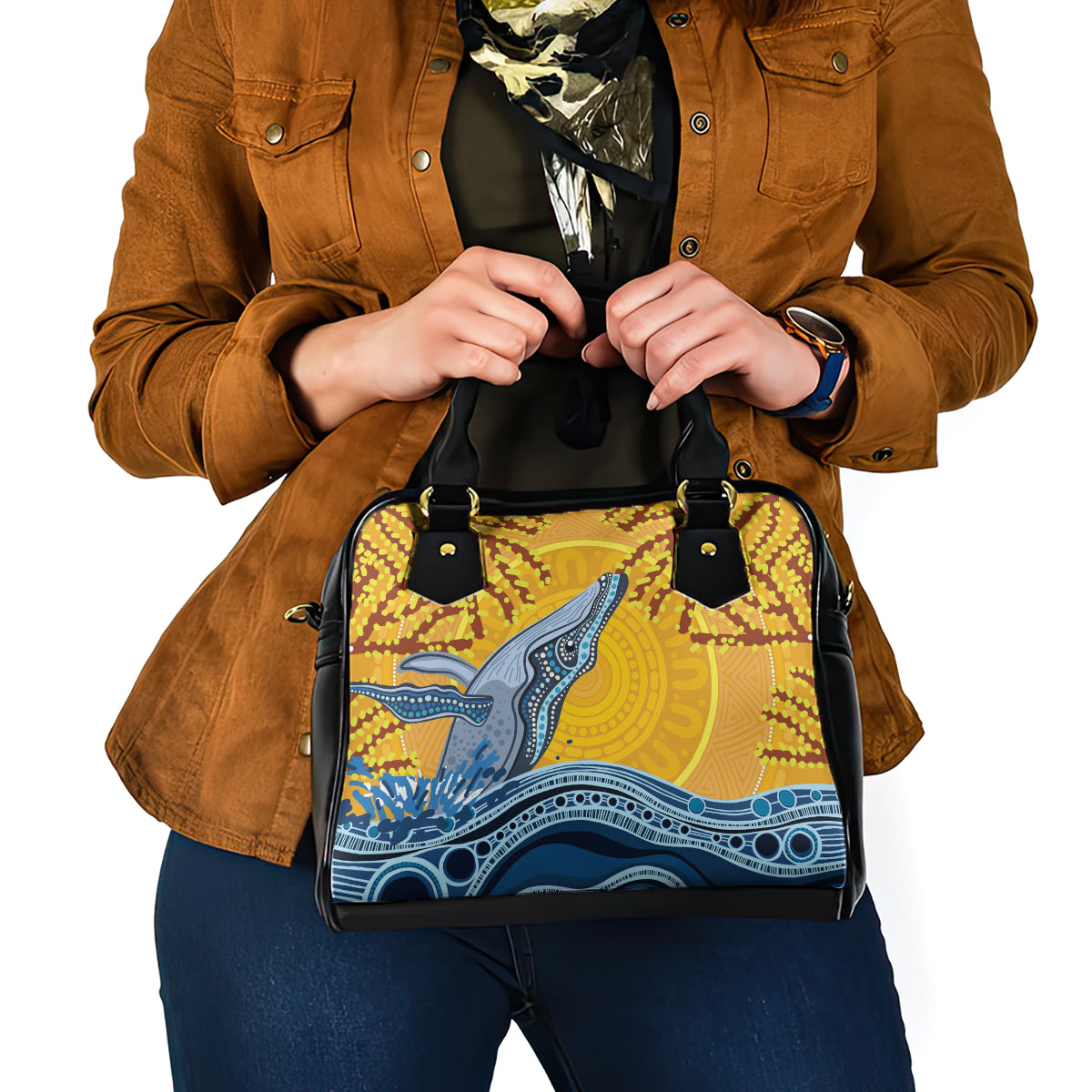 Whale In The Ocean Aboriginal Dot Art Shoulder Handbag No2