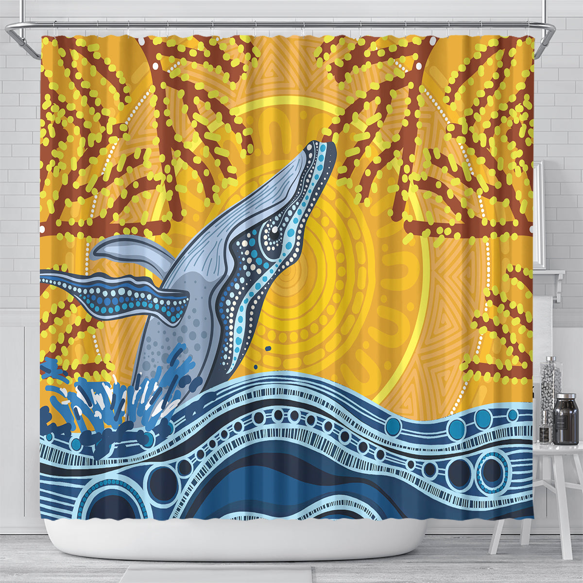 Whale In The Ocean Aboriginal Dot Art Shower Curtain No2