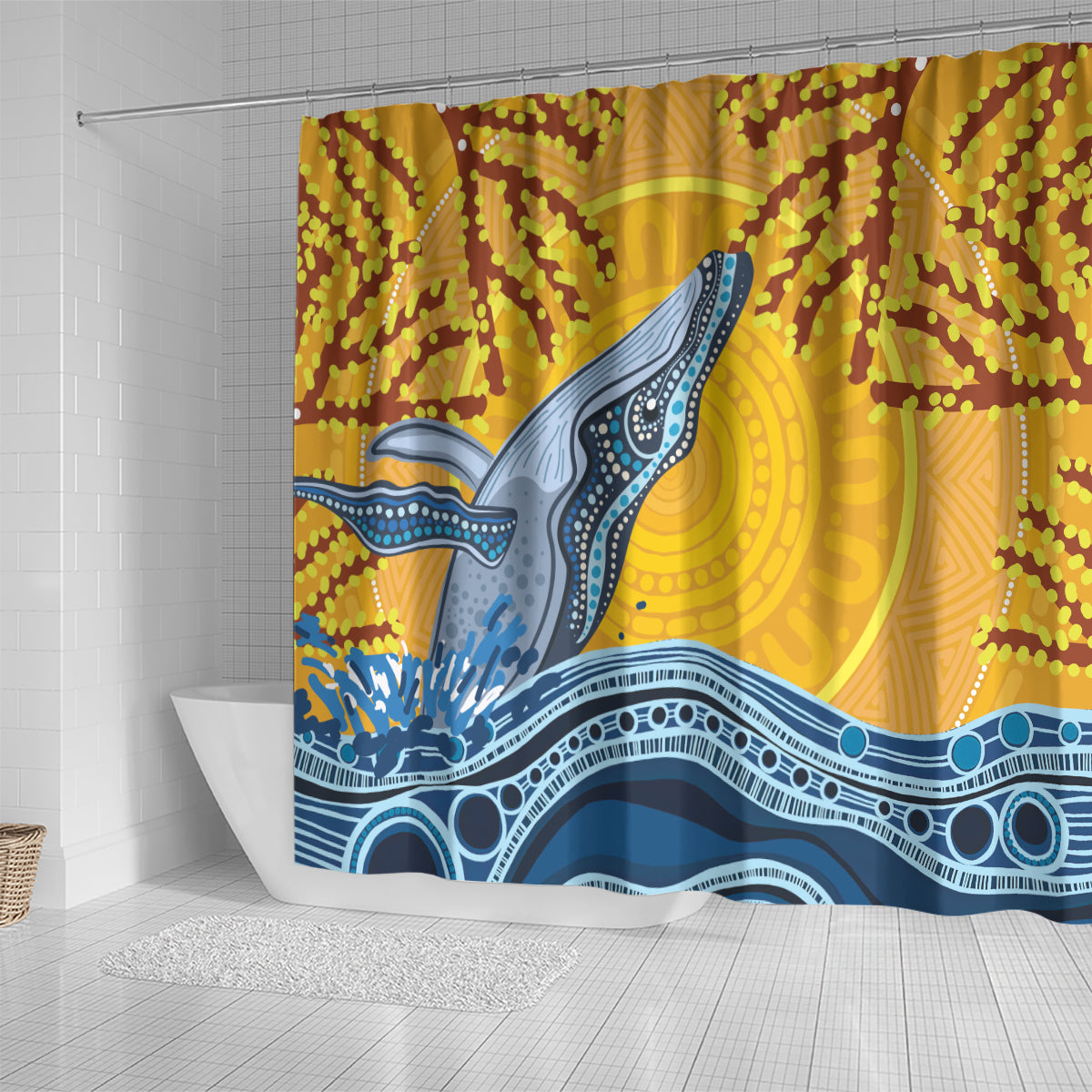 Whale In The Ocean Aboriginal Dot Art Shower Curtain No2