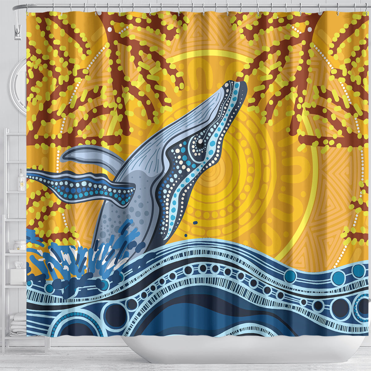 Whale In The Ocean Aboriginal Dot Art Shower Curtain No2