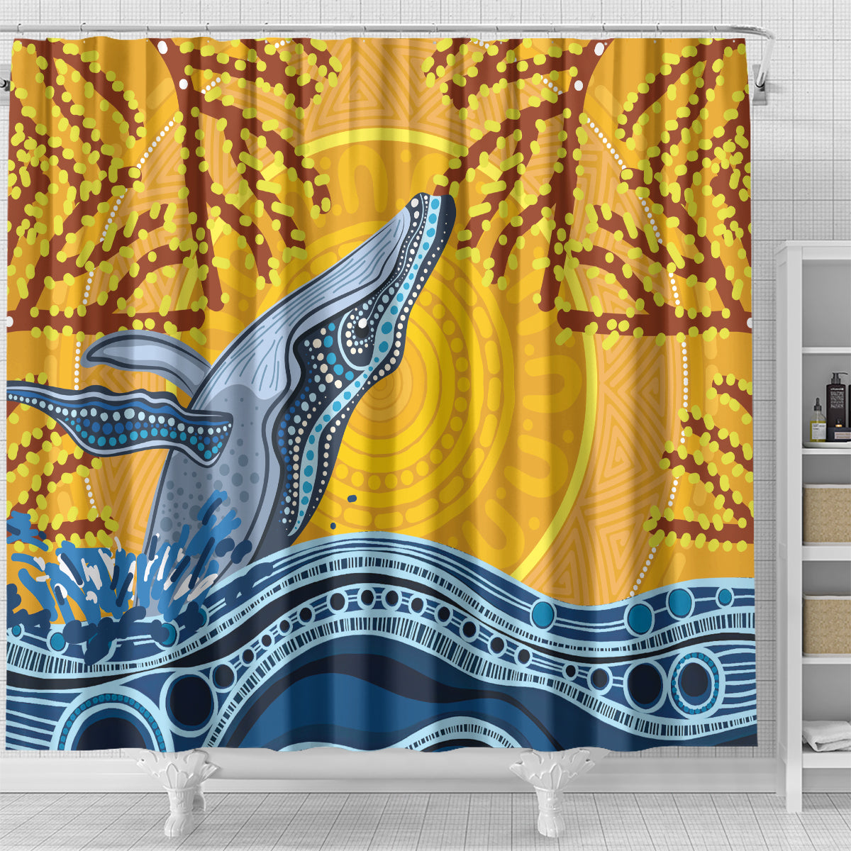 Whale In The Ocean Aboriginal Dot Art Shower Curtain No2