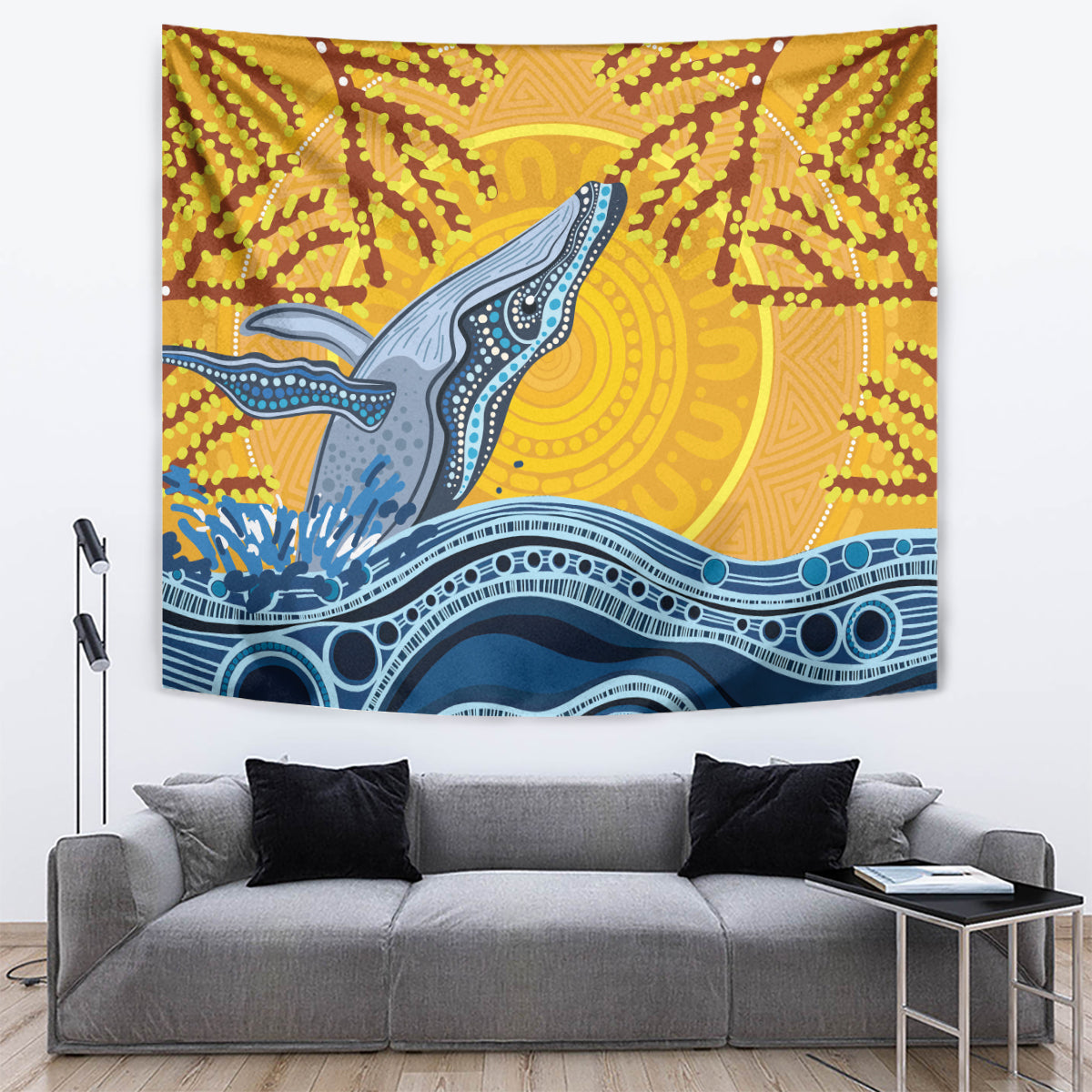 Whale In The Ocean Aboriginal Dot Art Tapestry No2