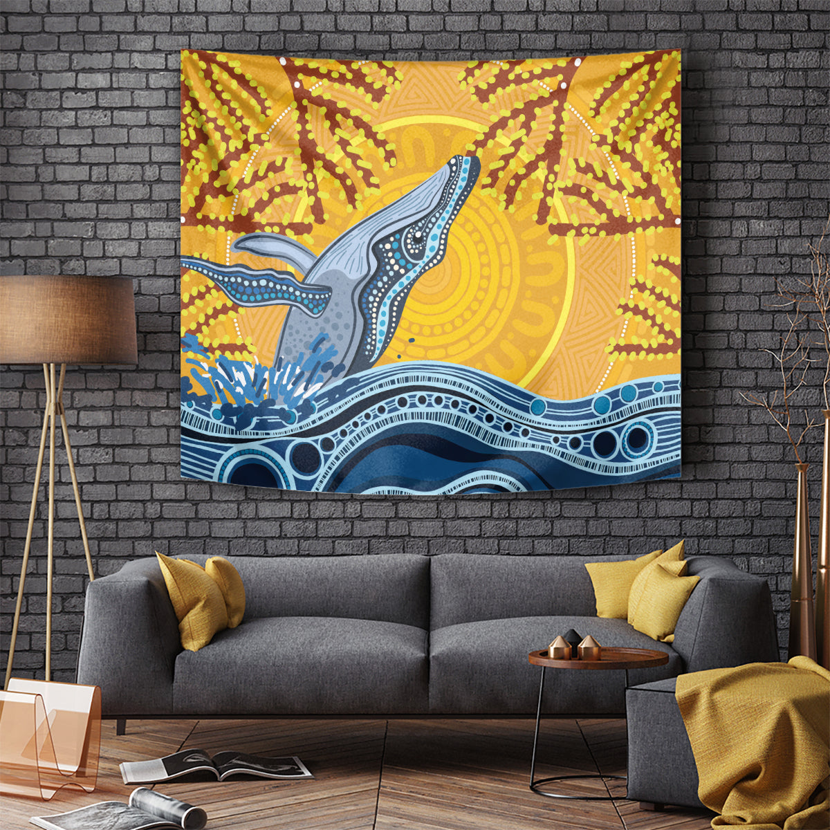 Whale In The Ocean Aboriginal Dot Art Tapestry No2