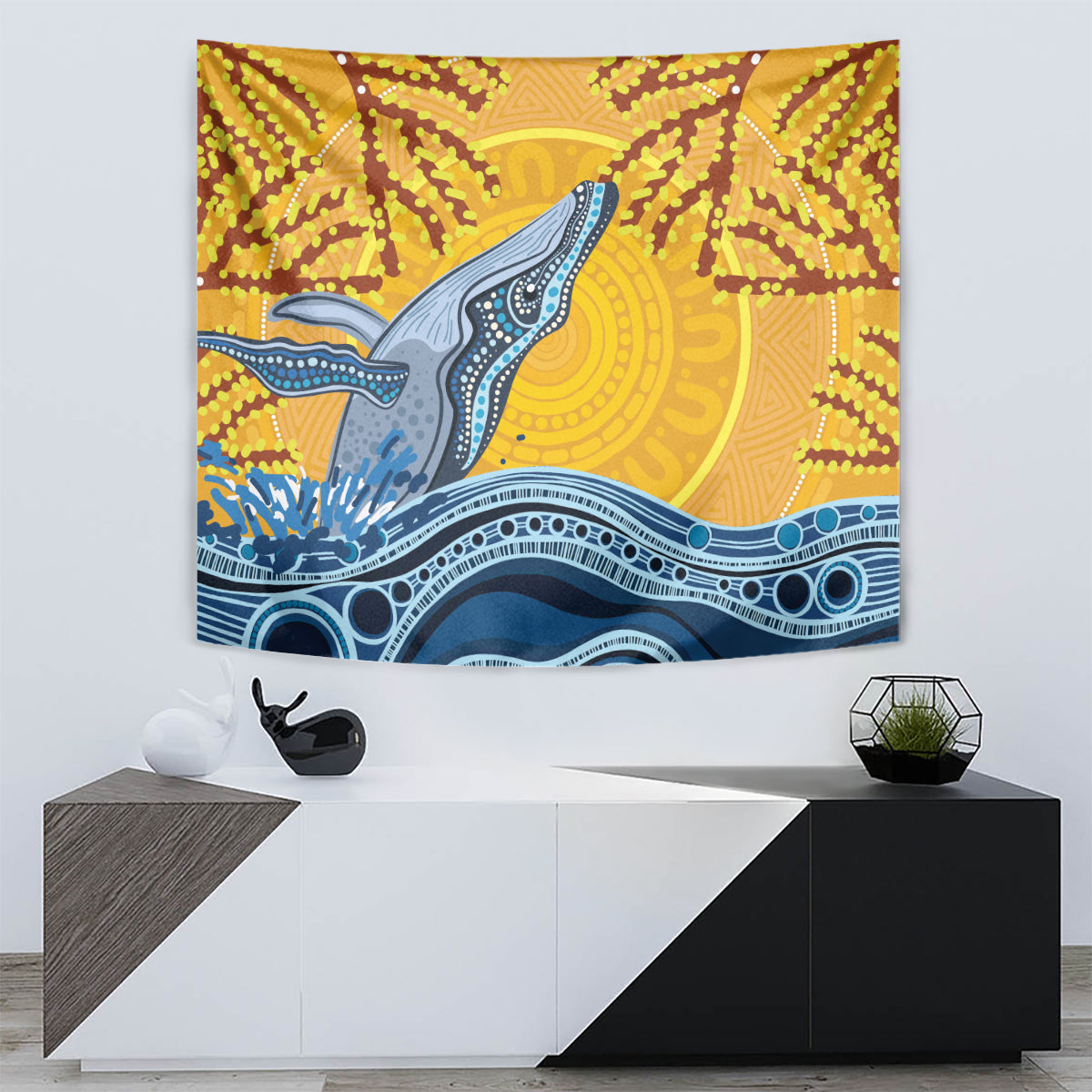 Whale In The Ocean Aboriginal Dot Art Tapestry No2