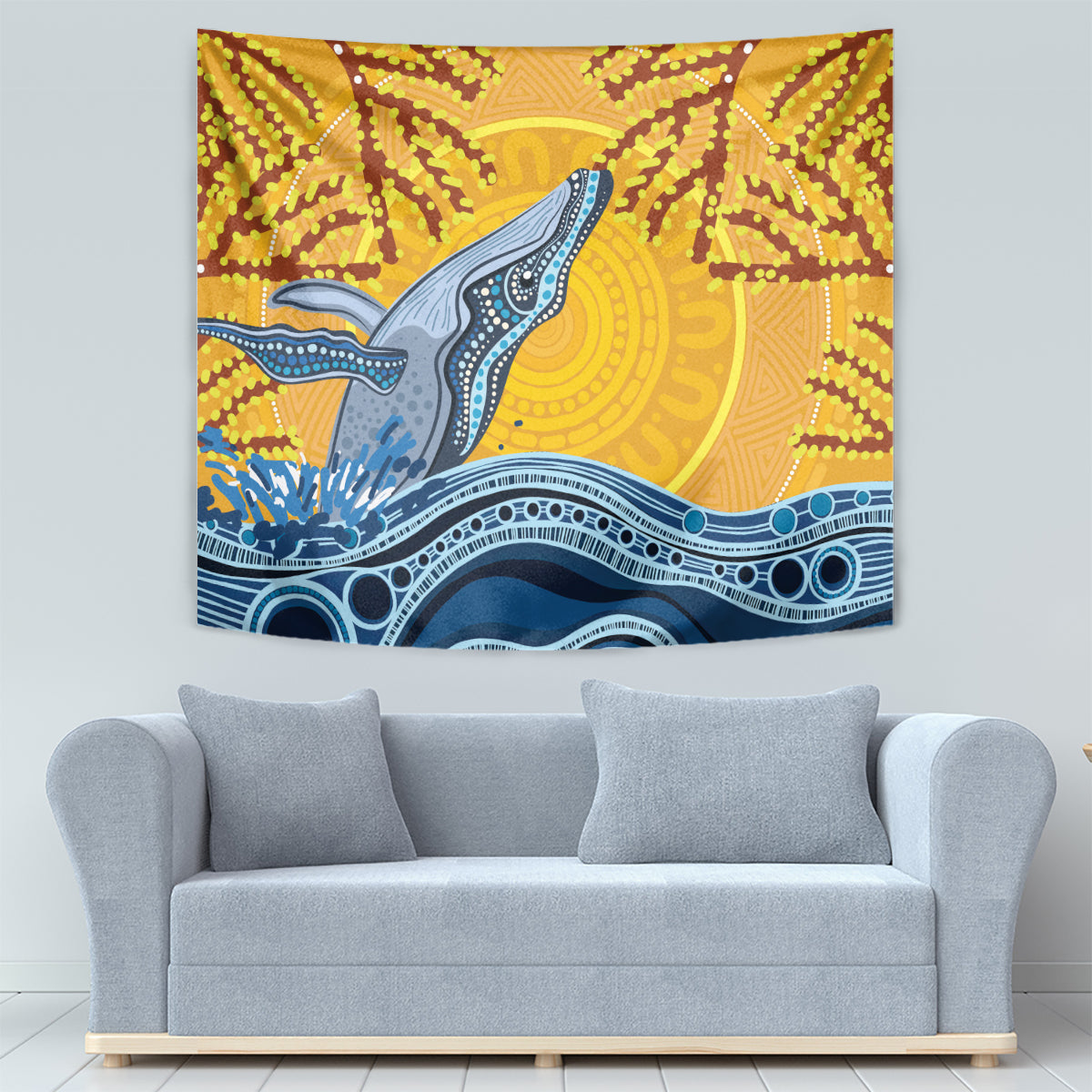 Whale In The Ocean Aboriginal Dot Art Tapestry No2