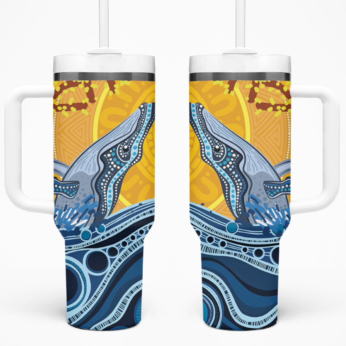 Whale In The Ocean Aboriginal Dot Art Tumbler With Handle No2