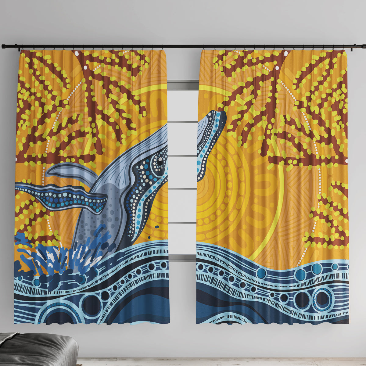 Whale In The Ocean Aboriginal Dot Art Window Curtain No2