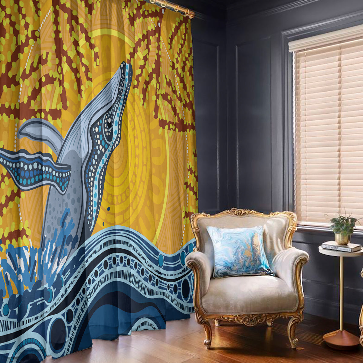 Whale In The Ocean Aboriginal Dot Art Window Curtain No2