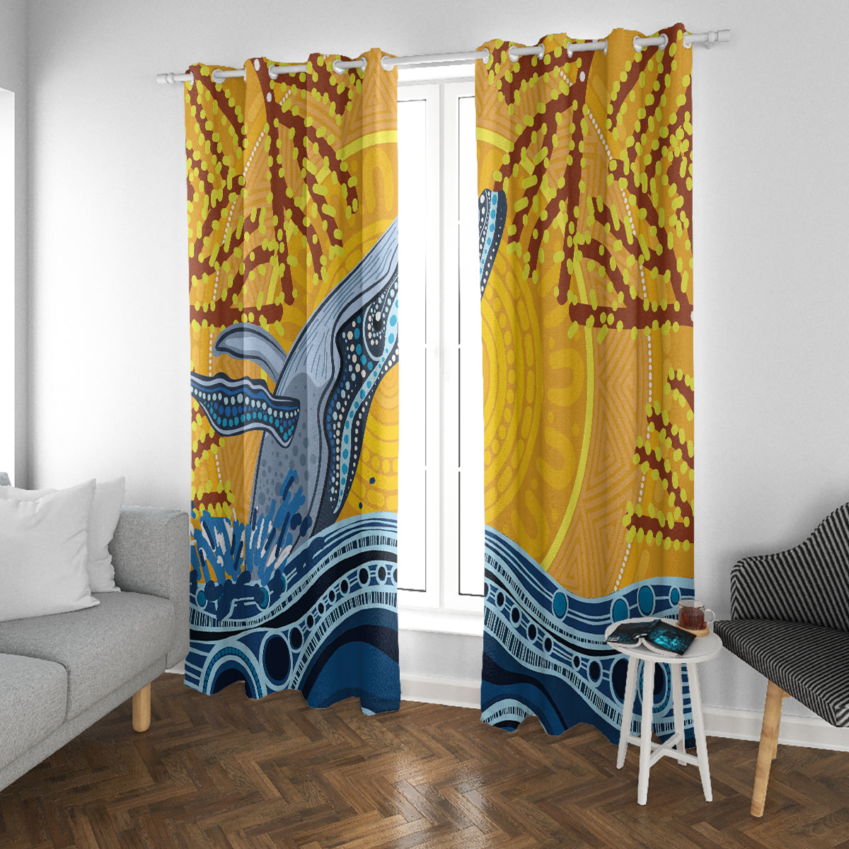 Whale In The Ocean Aboriginal Dot Art Window Curtain No2