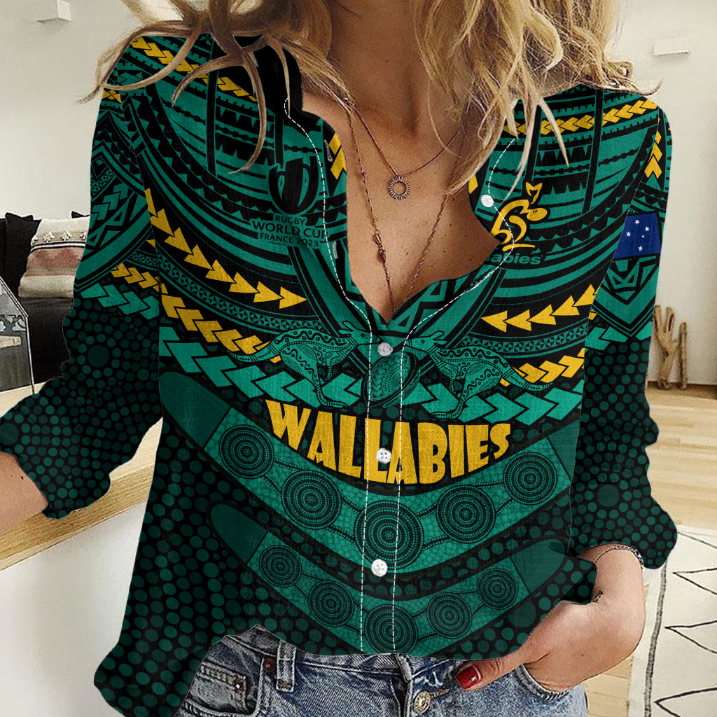 Wallabies Rugby Women Casual Shirt Polynesian and Aboriginal Special Green Version LT9