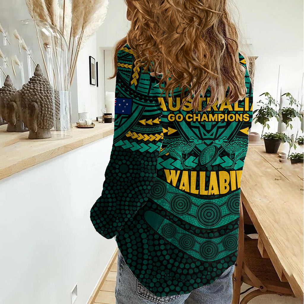 Wallabies Rugby Women Casual Shirt Polynesian and Aboriginal Special Green Version LT9