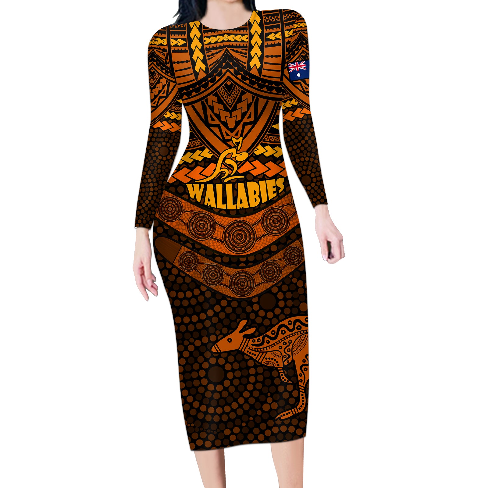 wallabies-rugby-long-sleeve-bodycon-dress-polynesian-and-aboriginal-special-orange-version