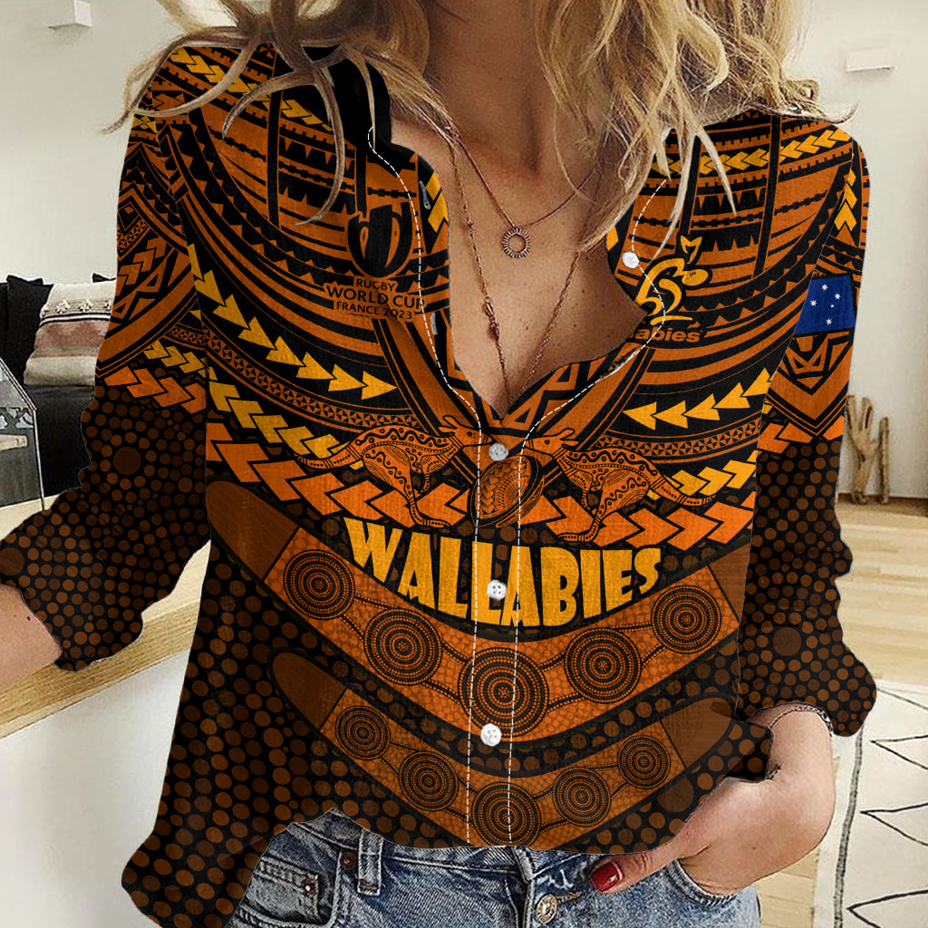 Wallabies Rugby Women Casual Shirt Polynesian and Aboriginal Special Orange Version LT9