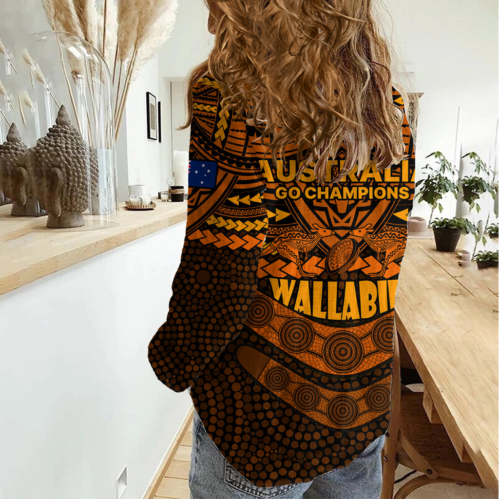 Wallabies Rugby Women Casual Shirt Polynesian and Aboriginal Special Orange Version LT9