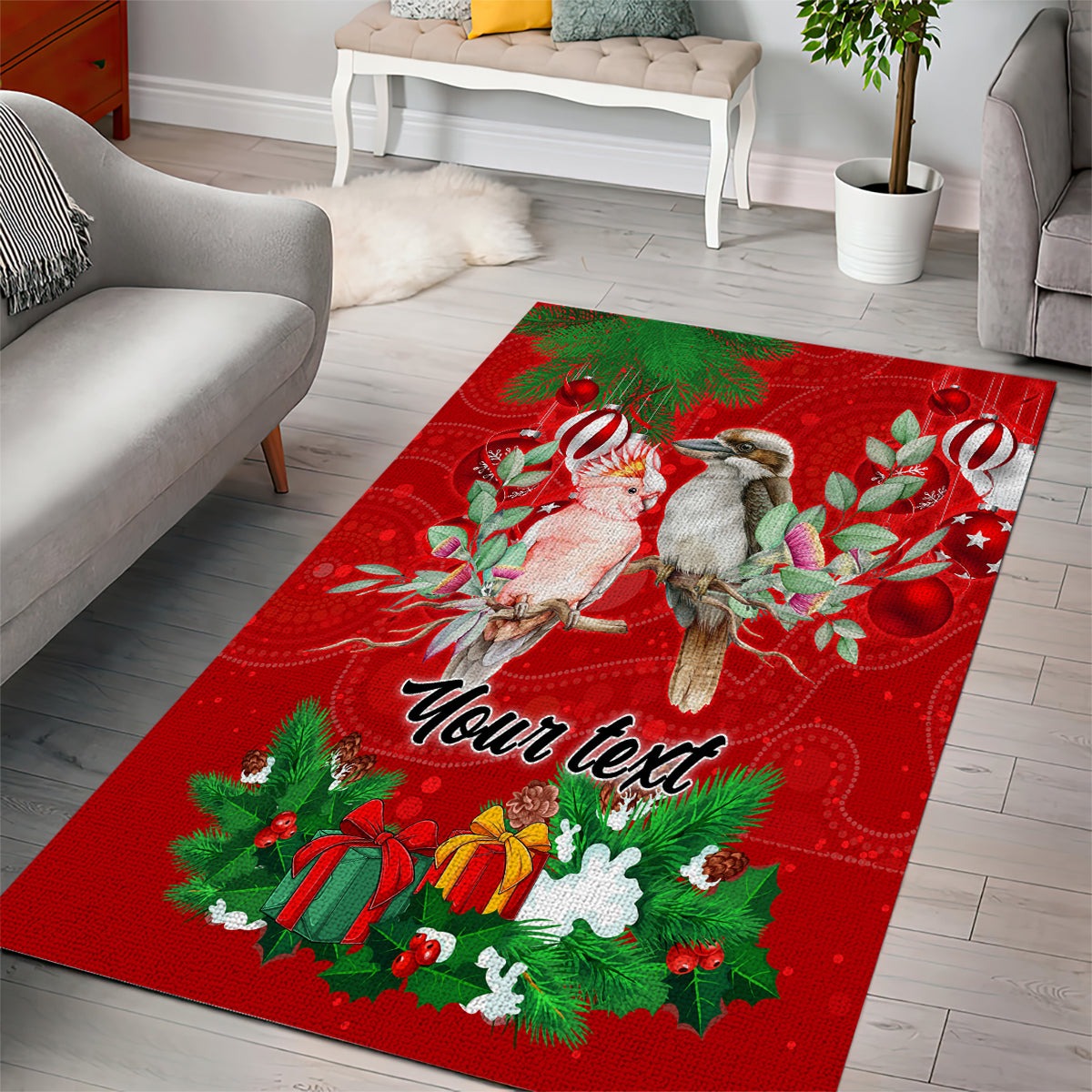 personalised-kookaburra-lover-area-rug-australia-merry-christmas-aboriginal-red-style