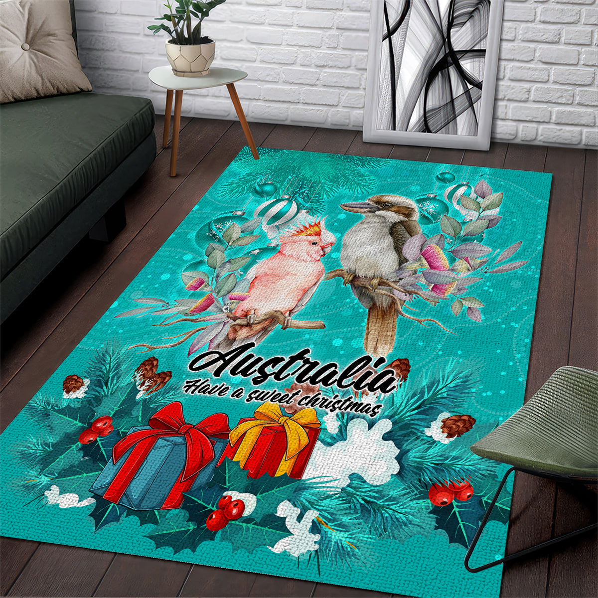 kookaburra-and-cockatoo-area-rug-australia-merry-christmas-aboriginal-teal-style