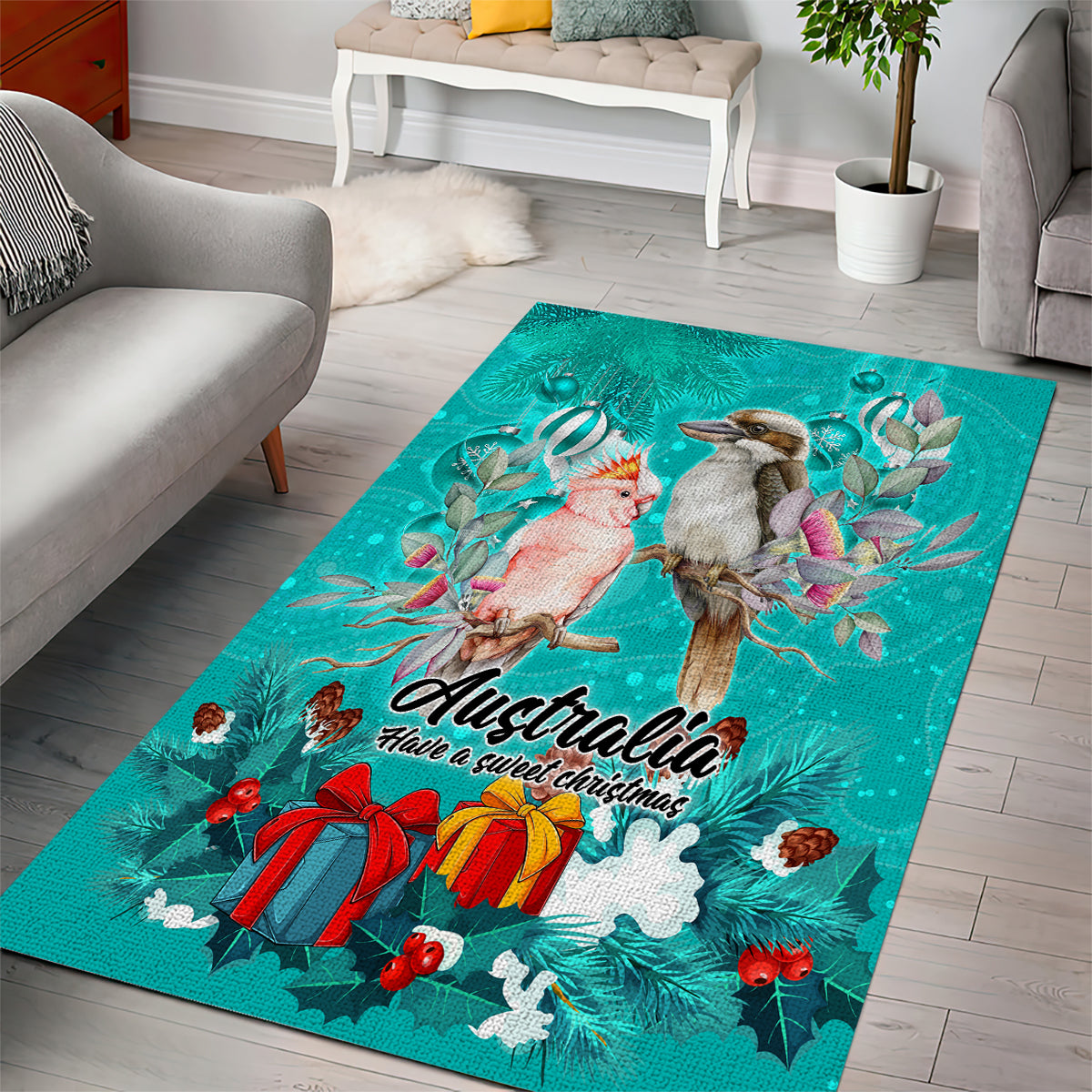 kookaburra-and-cockatoo-area-rug-australia-merry-christmas-aboriginal-teal-style