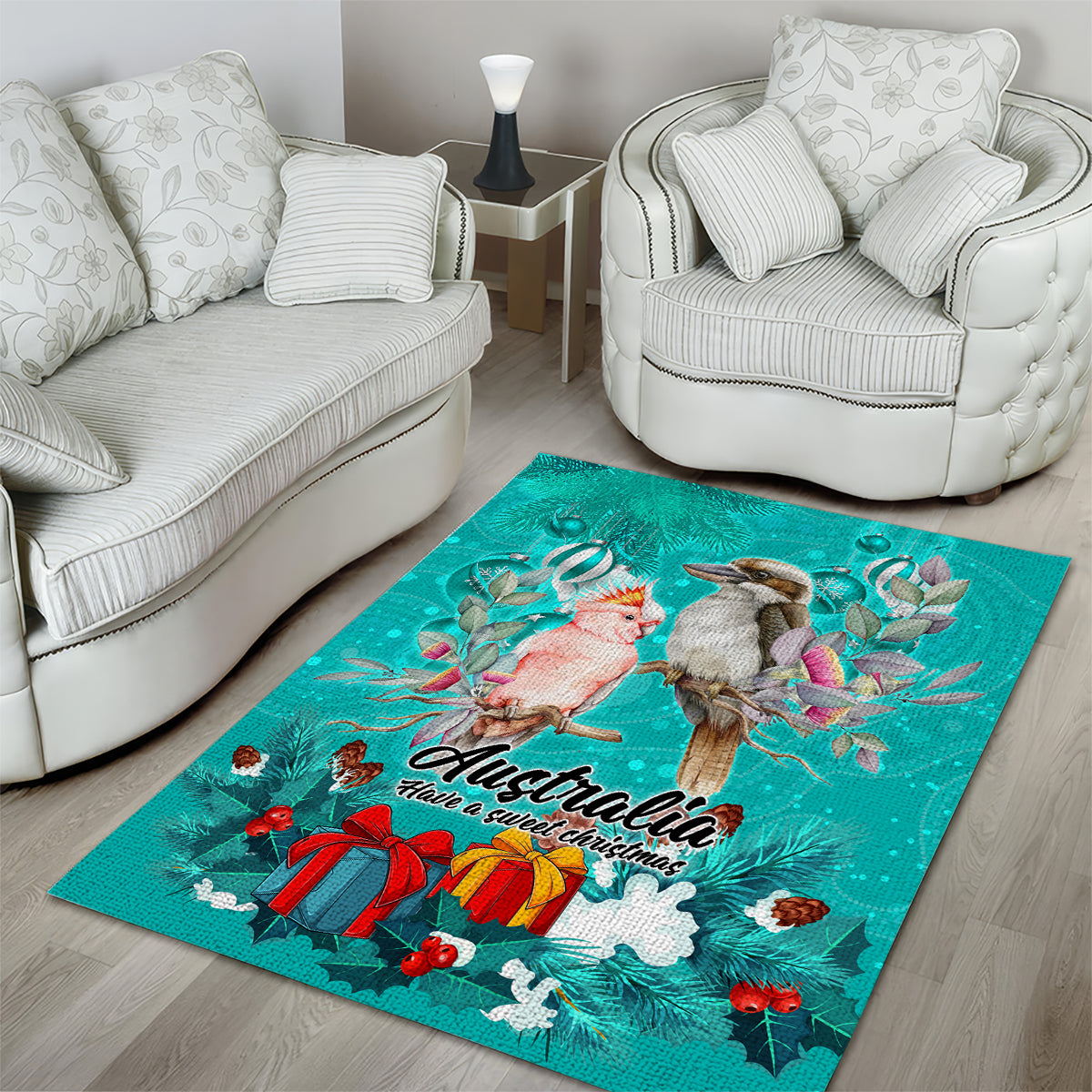 kookaburra-and-cockatoo-area-rug-australia-merry-christmas-aboriginal-teal-style