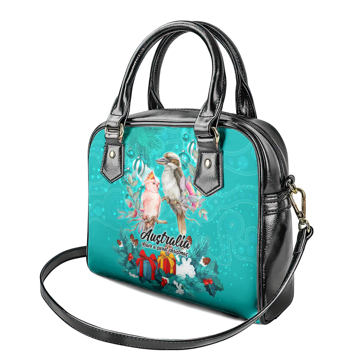 kookaburra-and-cockatoo-shoulder-handbag-australia-merry-christmas-aboriginal-teal-style