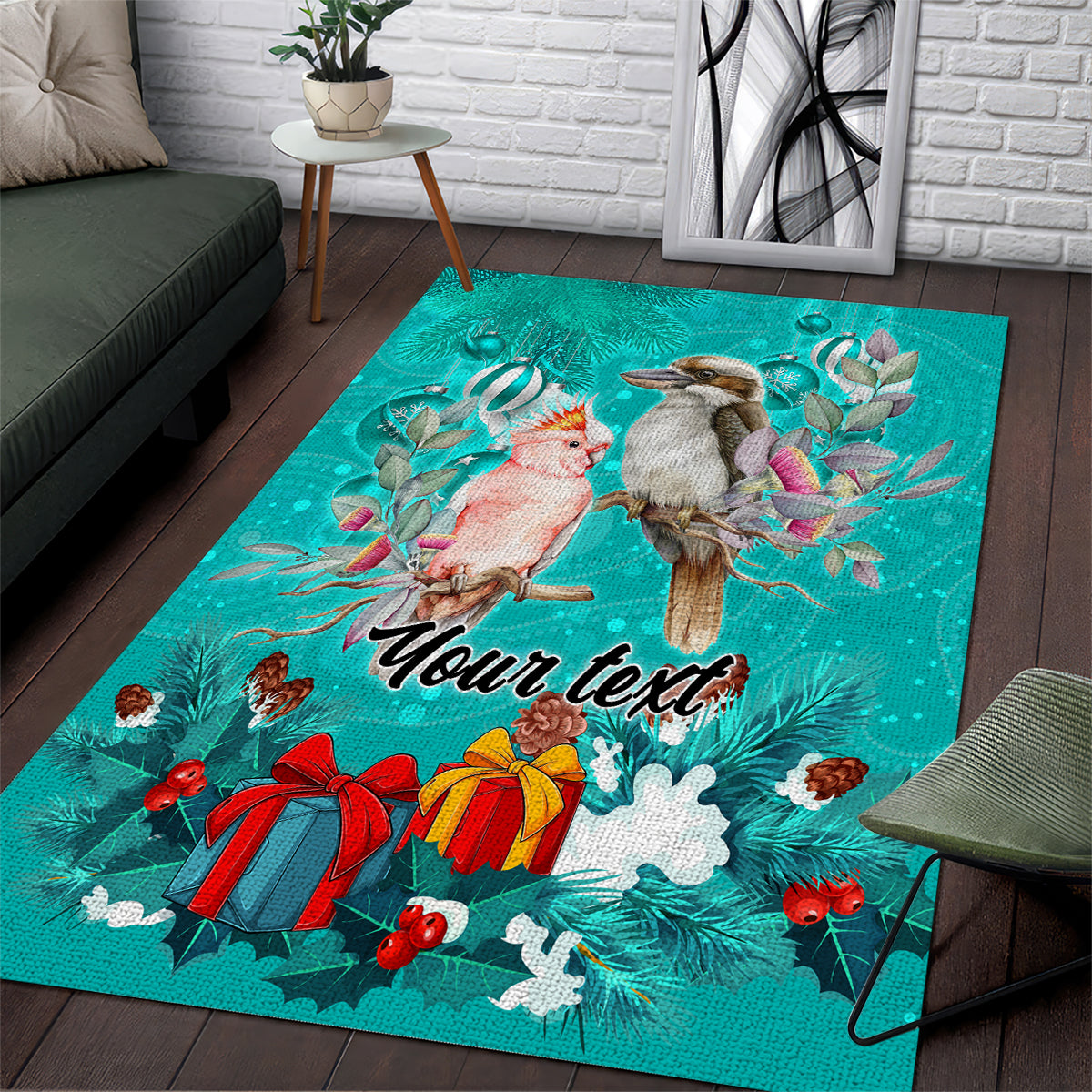 personalised-kookaburra-and-cockatoo-area-rug-australia-merry-christmas-aboriginal-teal-style