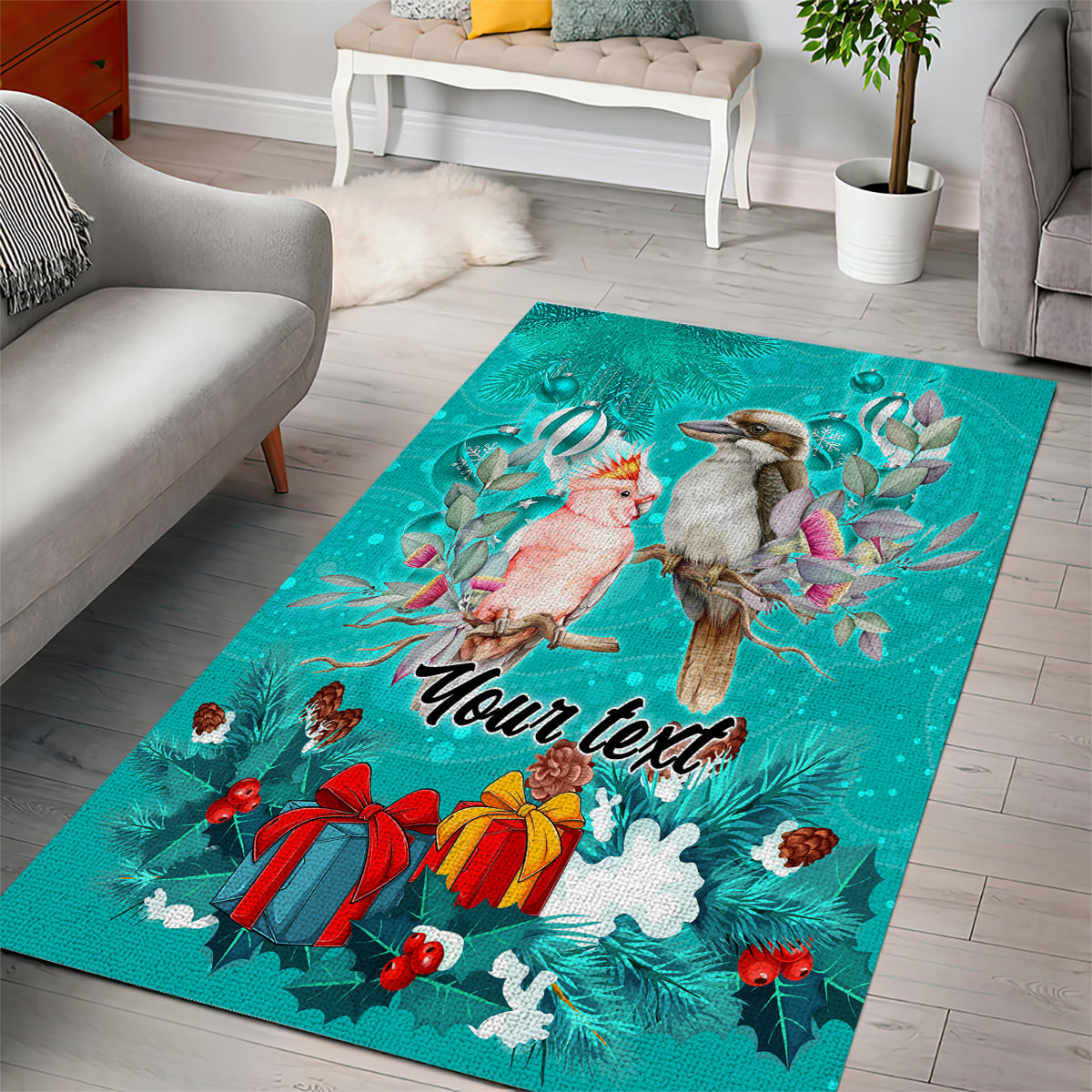 personalised-kookaburra-and-cockatoo-area-rug-australia-merry-christmas-aboriginal-teal-style