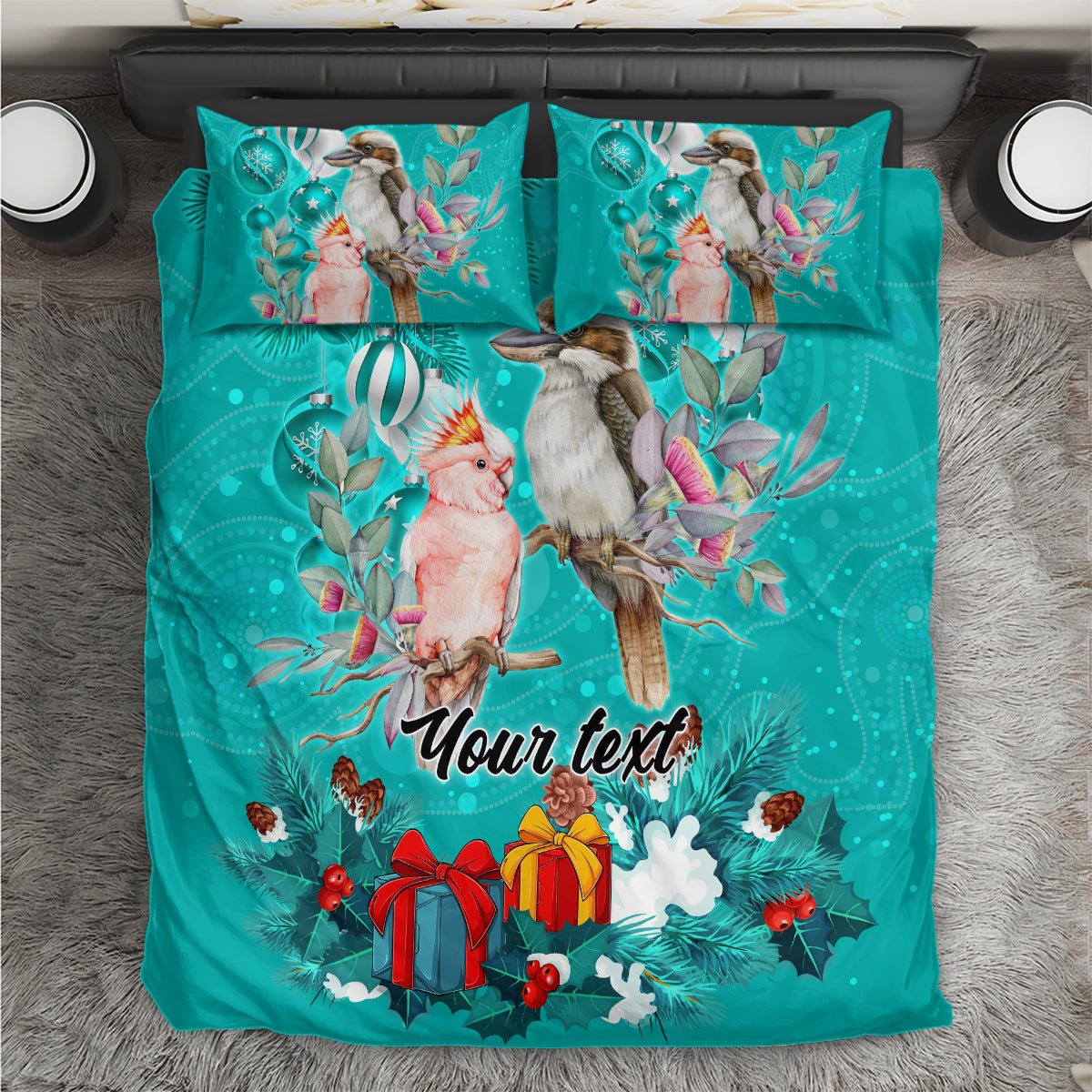 personalised-kookaburra-and-cockatoo-bedding-set-australia-merry-christmas-aboriginal-teal-style