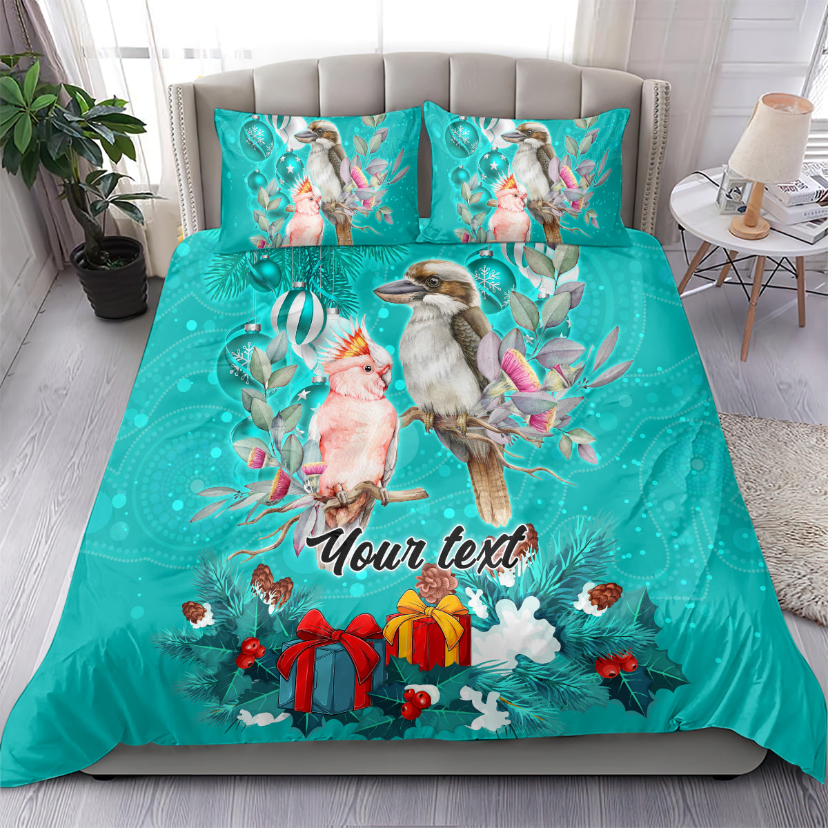 personalised-kookaburra-and-cockatoo-bedding-set-australia-merry-christmas-aboriginal-teal-style