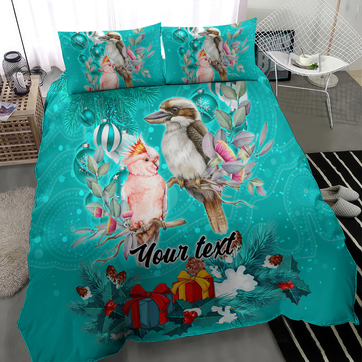 personalised-kookaburra-and-cockatoo-bedding-set-australia-merry-christmas-aboriginal-teal-style