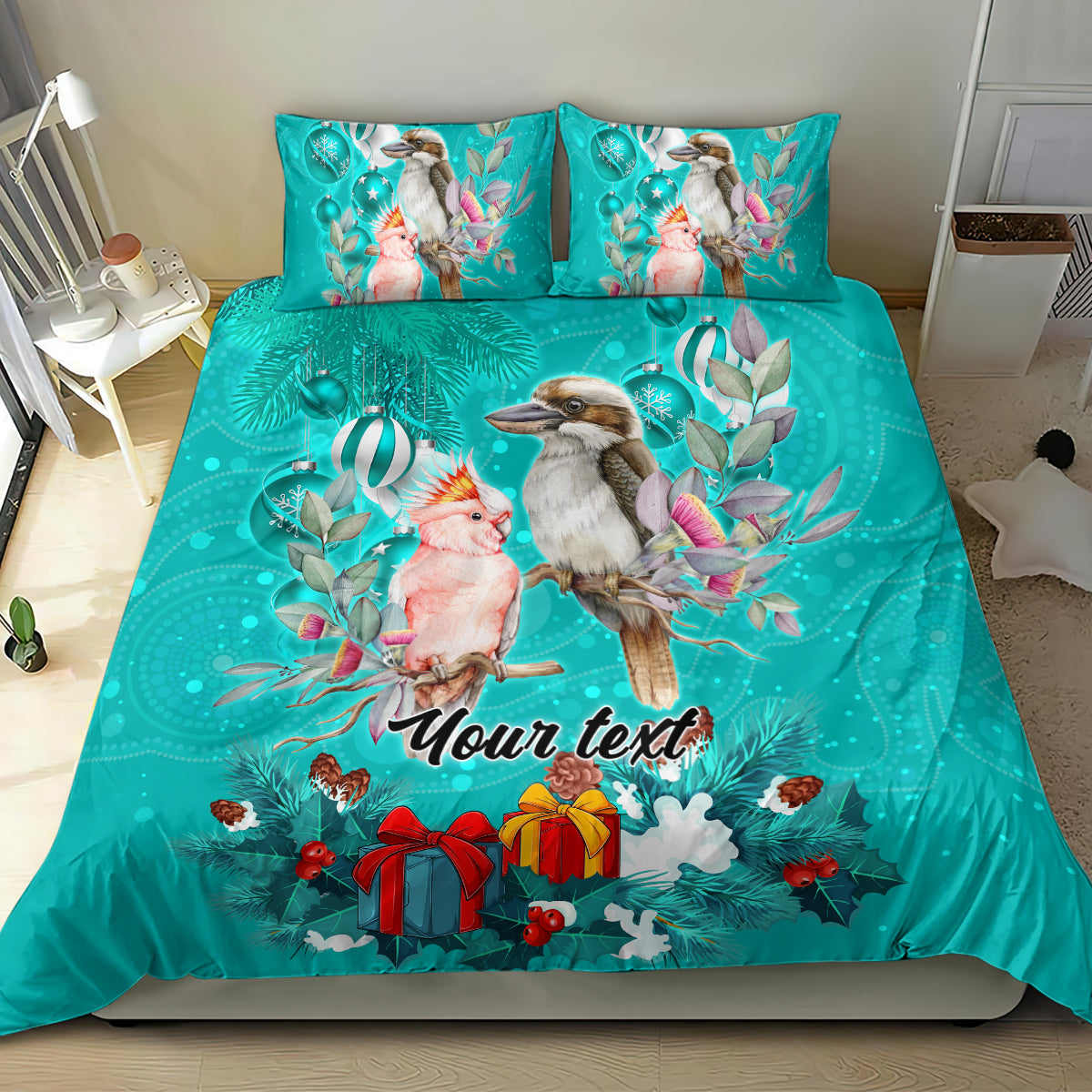 personalised-kookaburra-and-cockatoo-bedding-set-australia-merry-christmas-aboriginal-teal-style