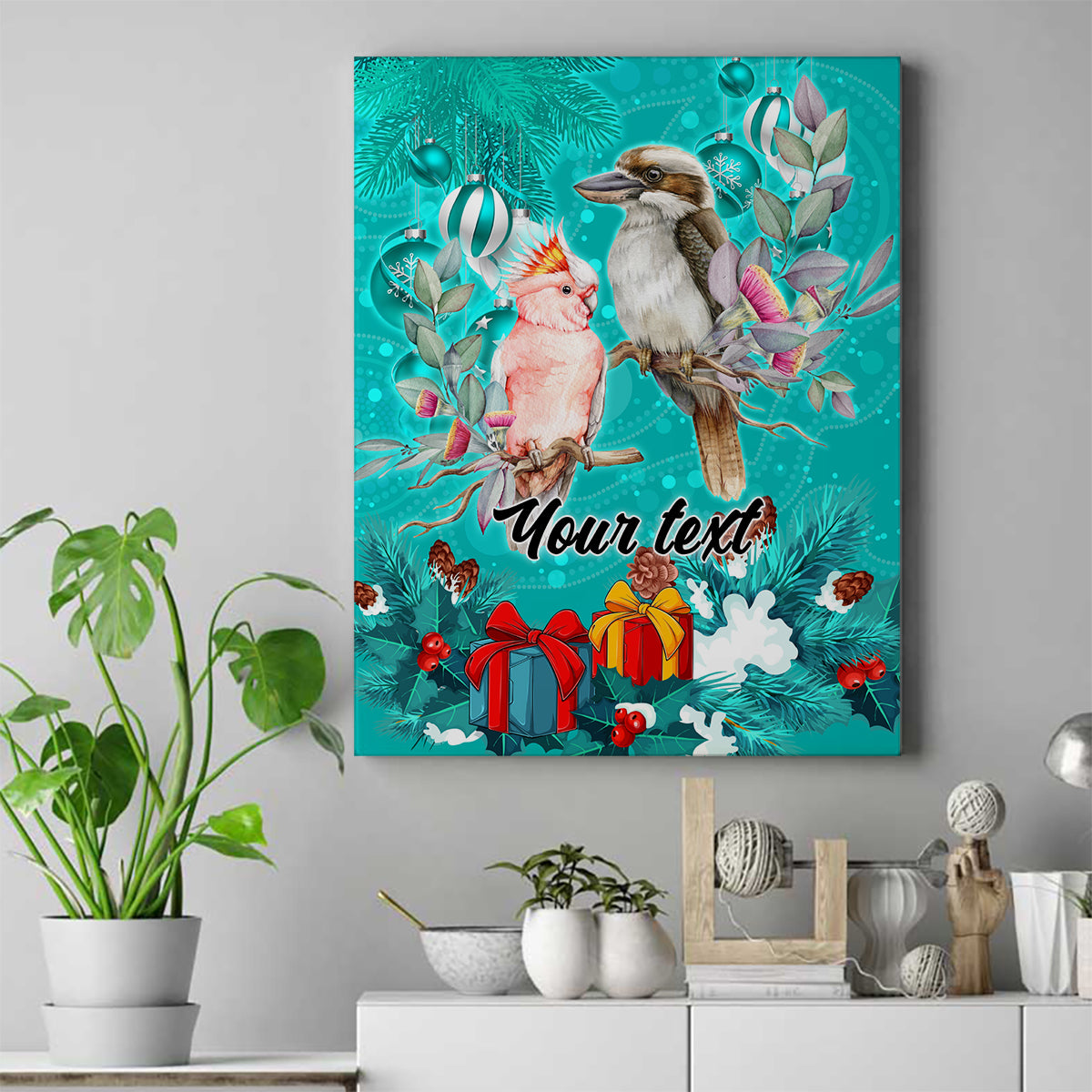 personalised-kookaburra-and-cockatoo-canvas-wall-art-australia-merry-christmas-aboriginal-teal-style