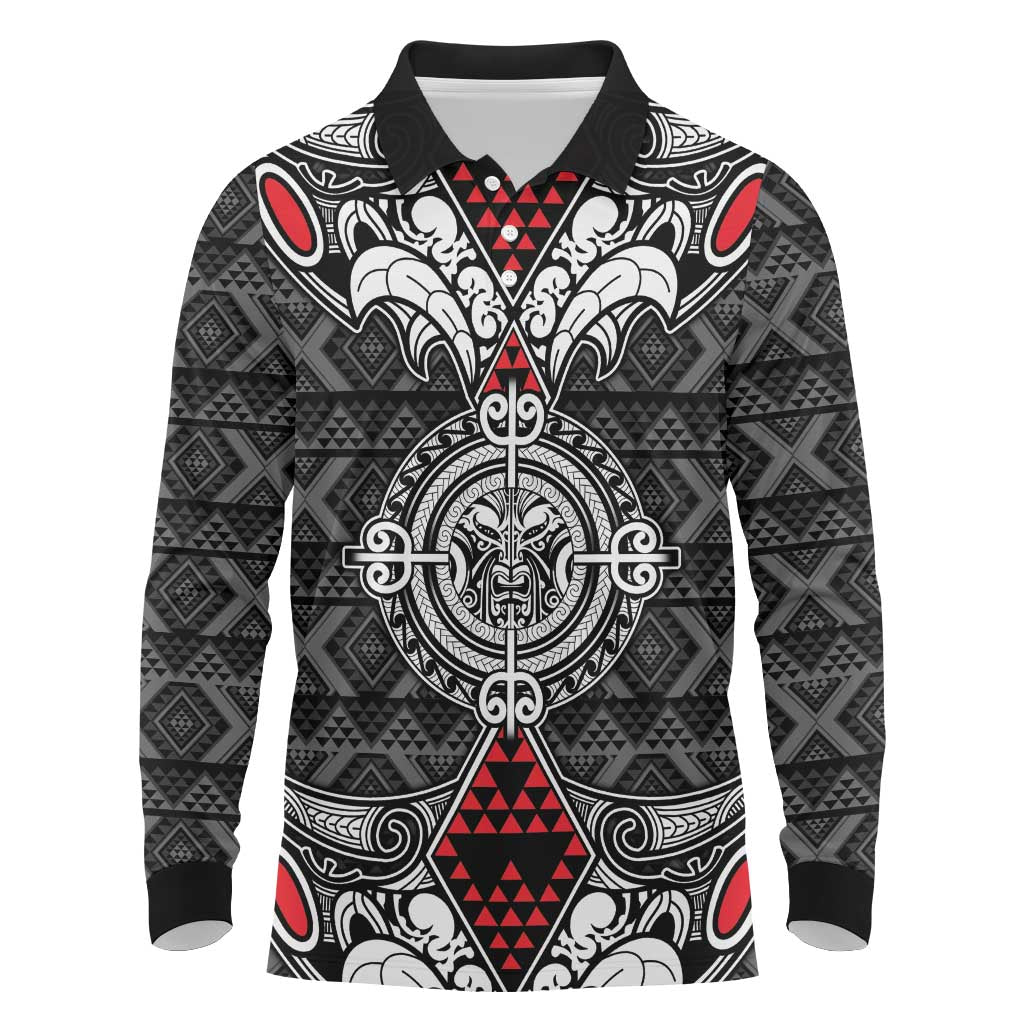 Black Aotearoa Tanilo Motif Long Sleeve Polo Shirt Vintage Maori New Zealand Tribal Art Pattern