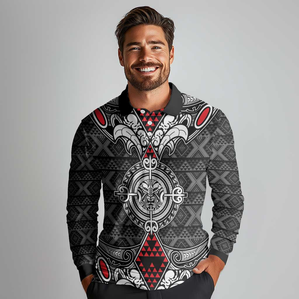 Black Aotearoa Tanilo Motif Long Sleeve Polo Shirt Vintage Maori New Zealand Tribal Art Pattern