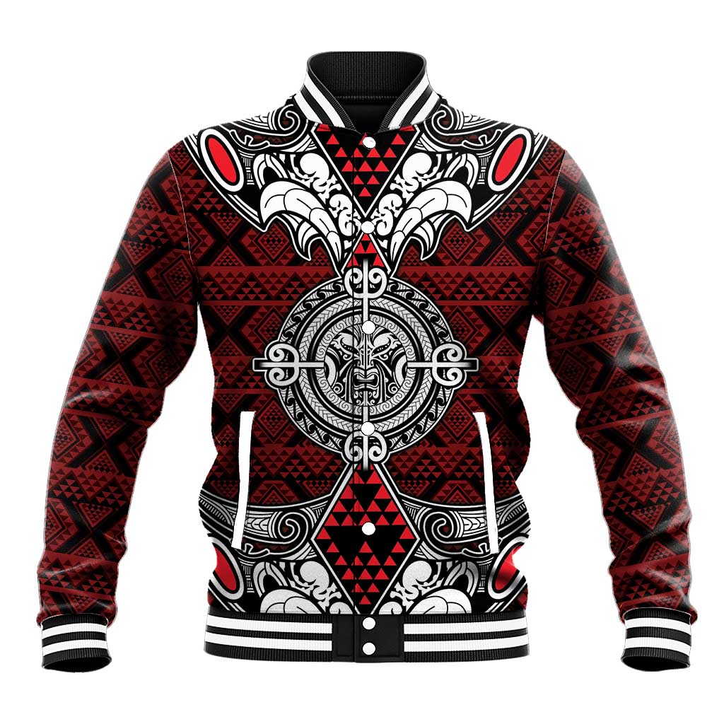 Red Aotearoa Tanilo Motif Baseball Jacket Vintage Maori New Zealand Tribal Art Pattern