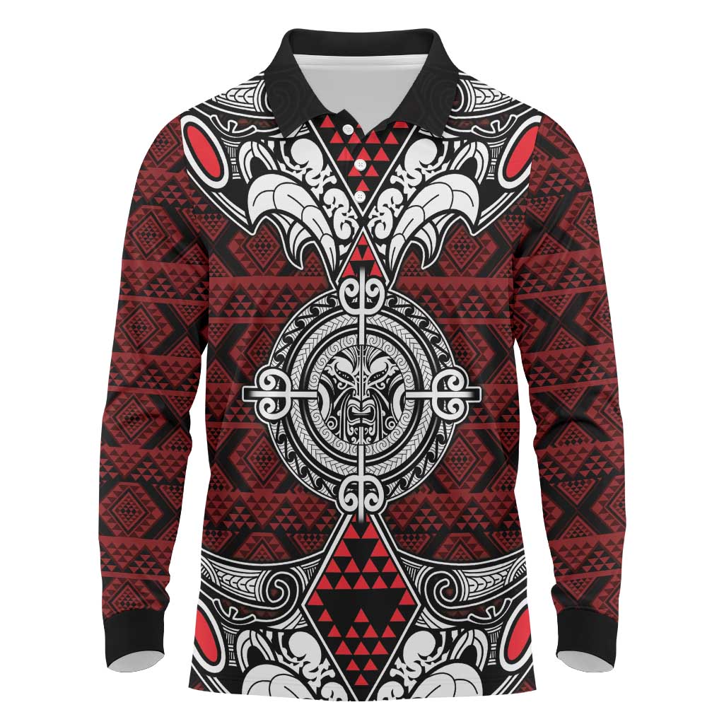 Red Aotearoa Tanilo Motif Long Sleeve Polo Shirt Vintage Maori New Zealand Tribal Art Pattern