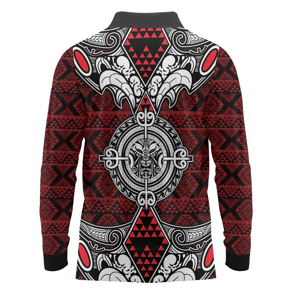 Red Aotearoa Tanilo Motif Long Sleeve Polo Shirt Vintage Maori New Zealand Tribal Art Pattern