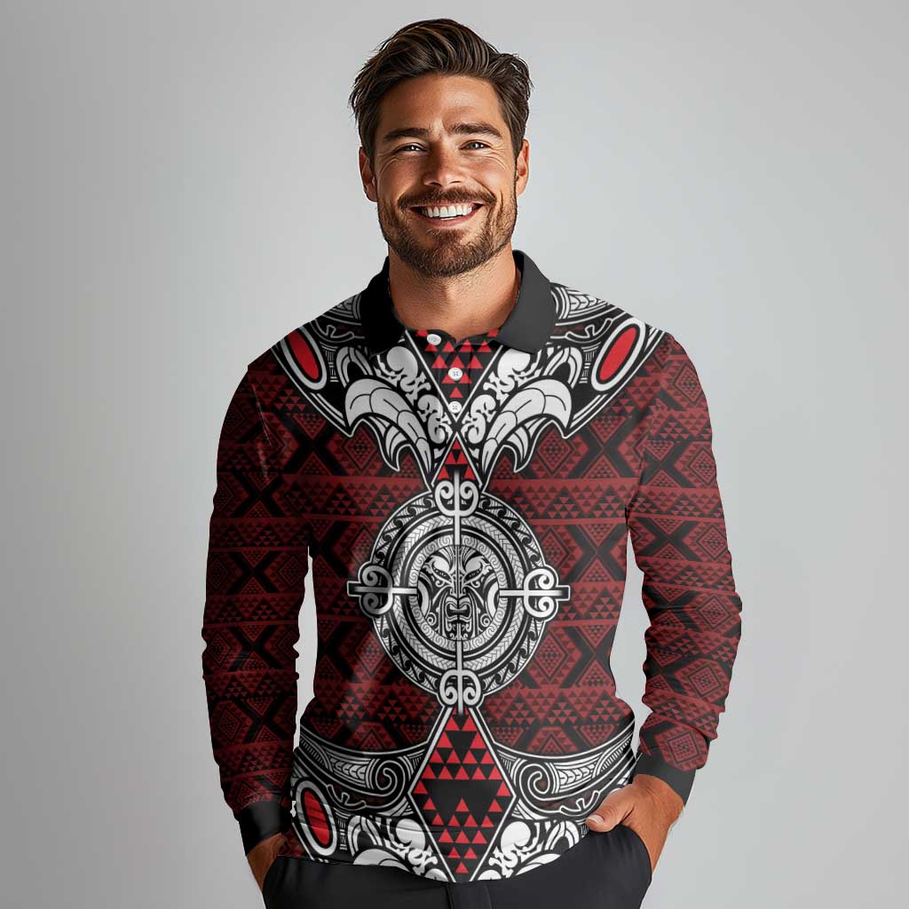 Red Aotearoa Tanilo Motif Long Sleeve Polo Shirt Vintage Maori New Zealand Tribal Art Pattern