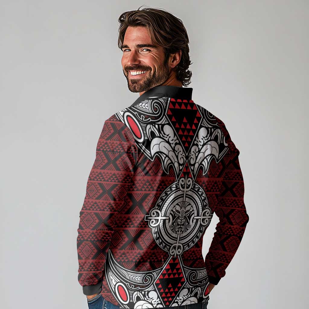 Red Aotearoa Tanilo Motif Long Sleeve Polo Shirt Vintage Maori New Zealand Tribal Art Pattern