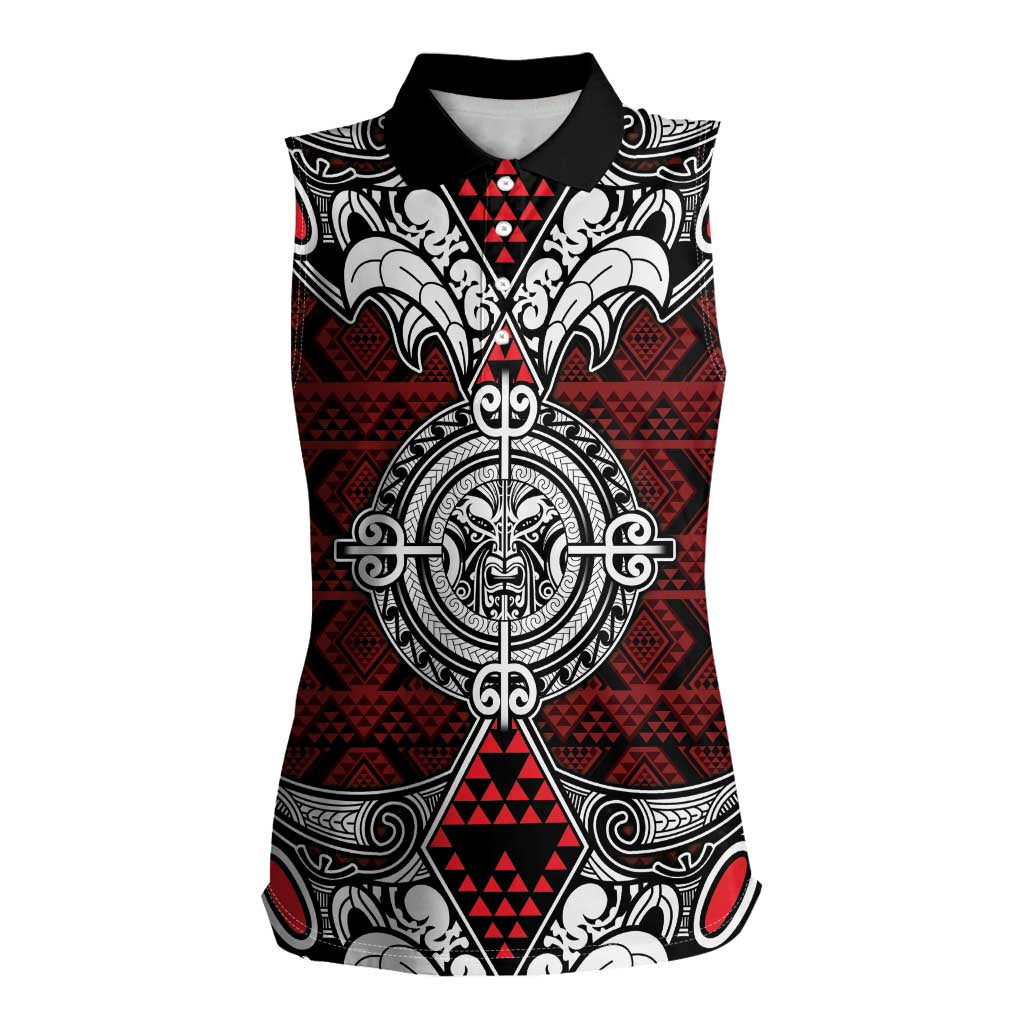 Red Aotearoa Tanilo Motif Women Sleeveless Polo Shirt Vintage Maori New Zealand Tribal Art Pattern