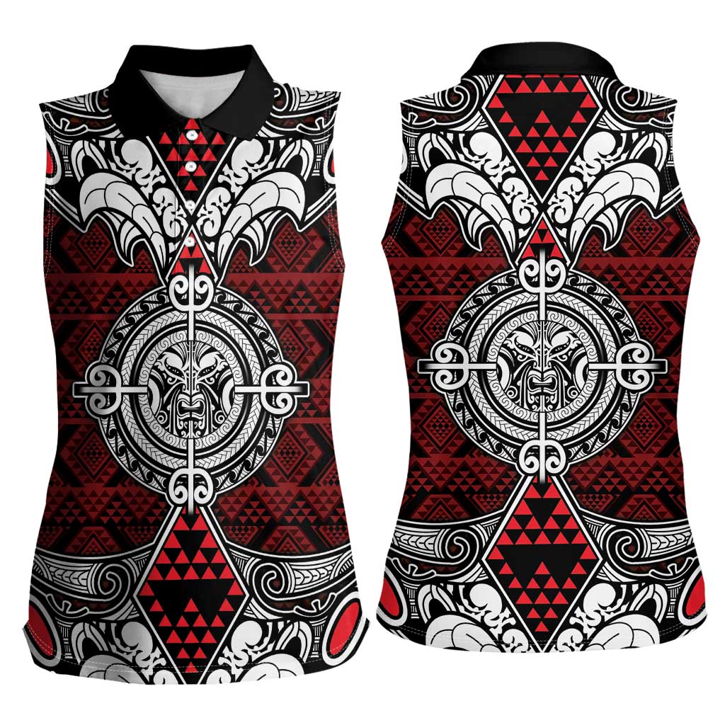 Red Aotearoa Tanilo Motif Women Sleeveless Polo Shirt Vintage Maori New Zealand Tribal Art Pattern