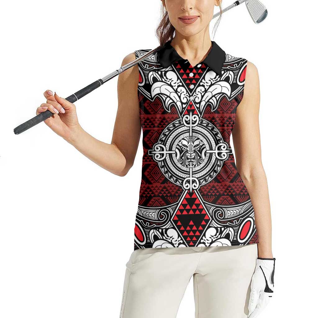 Red Aotearoa Tanilo Motif Women Sleeveless Polo Shirt Vintage Maori New Zealand Tribal Art Pattern