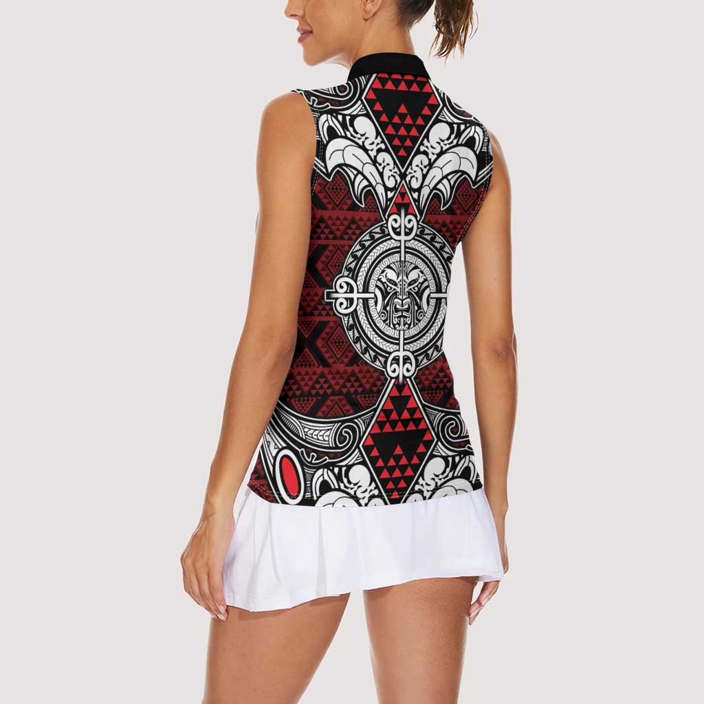 Red Aotearoa Tanilo Motif Women Sleeveless Polo Shirt Vintage Maori New Zealand Tribal Art Pattern