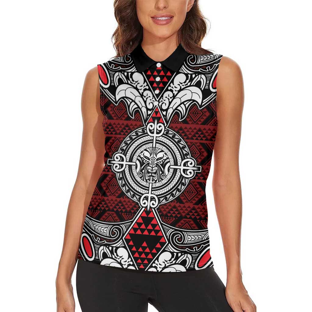 Red Aotearoa Tanilo Motif Women Sleeveless Polo Shirt Vintage Maori New Zealand Tribal Art Pattern