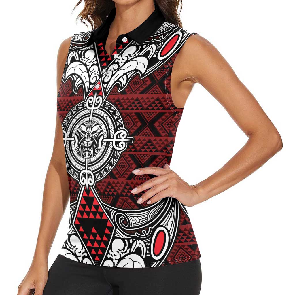 Red Aotearoa Tanilo Motif Women Sleeveless Polo Shirt Vintage Maori New Zealand Tribal Art Pattern