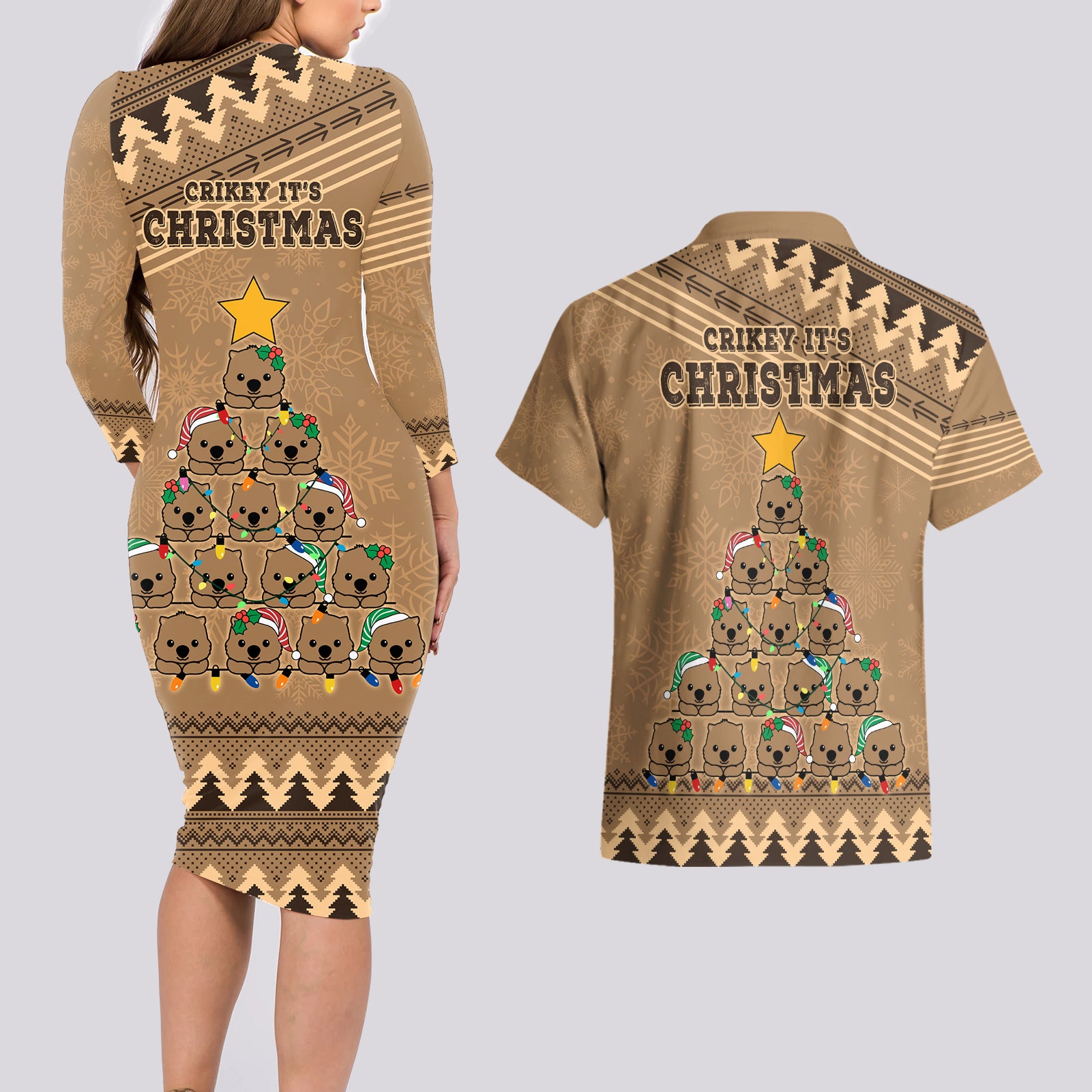 wombat-christmas-tree-couples-matching-long-sleeve-bodycon-dress-and-hawaiian-shirt-australia-merry-xmas-simple-style