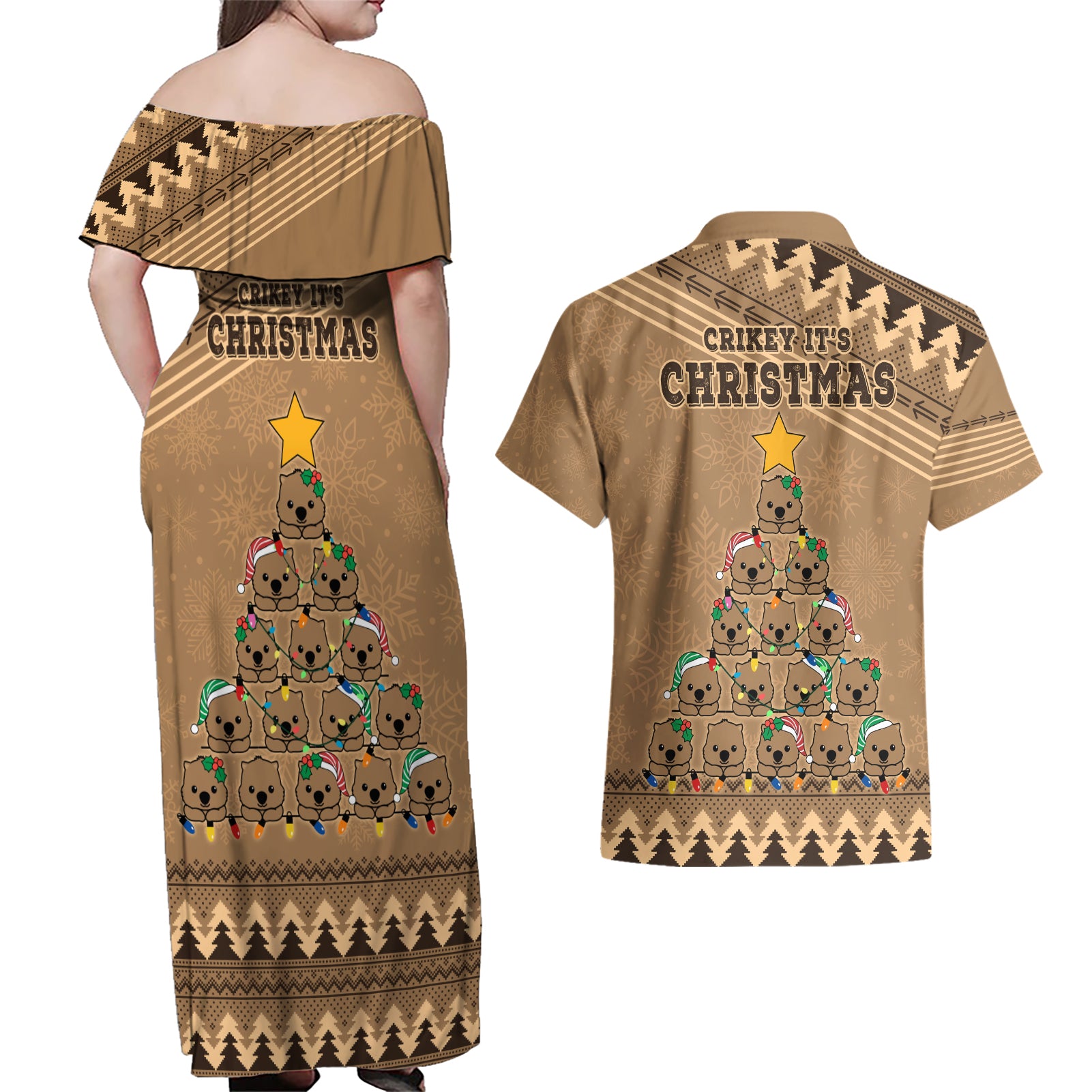 wombat-christmas-tree-couples-matching-off-shoulder-maxi-dress-and-hawaiian-shirt-australia-merry-xmas-simple-style