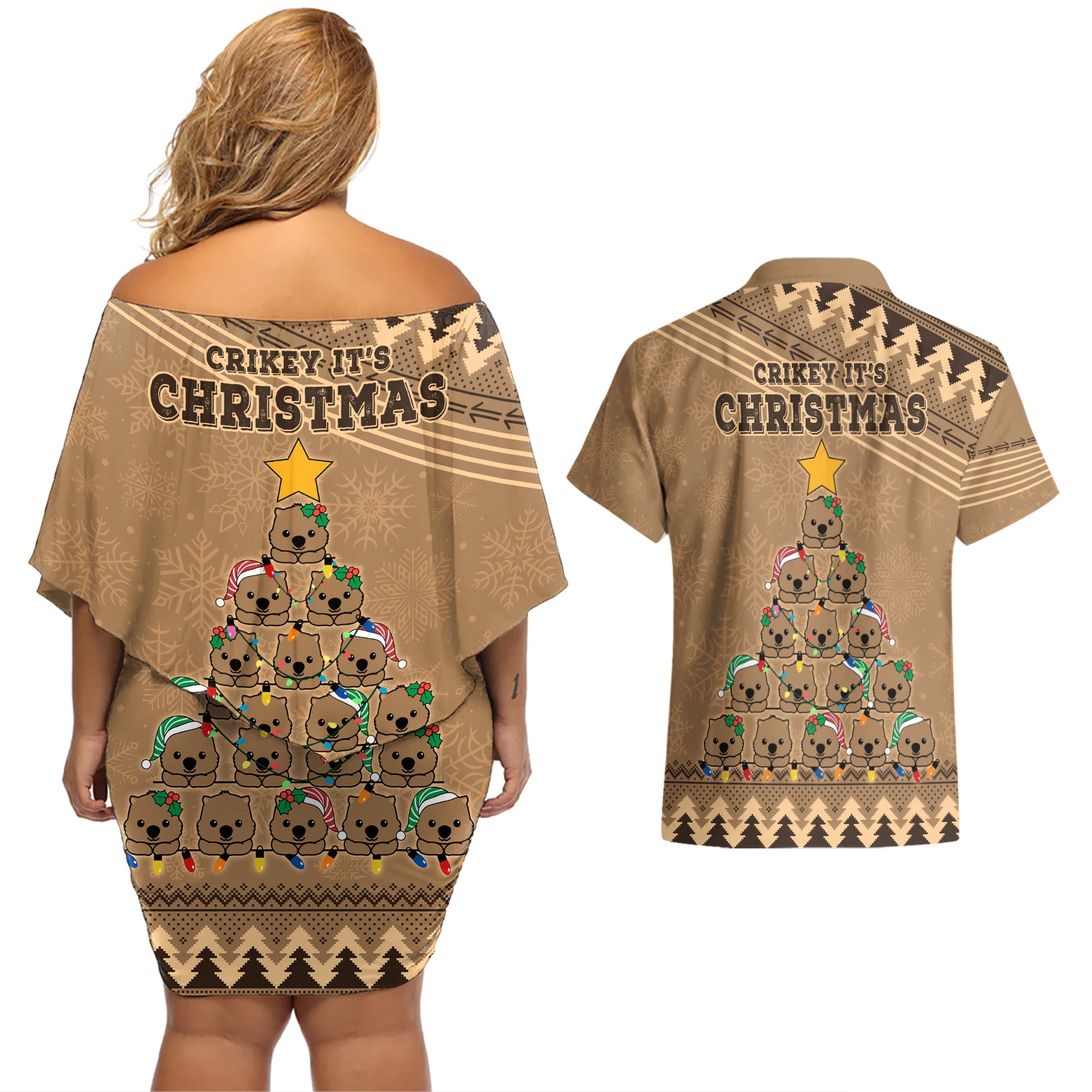 wombat-christmas-tree-couples-matching-off-shoulder-short-dress-and-hawaiian-shirt-australia-merry-xmas-simple-style