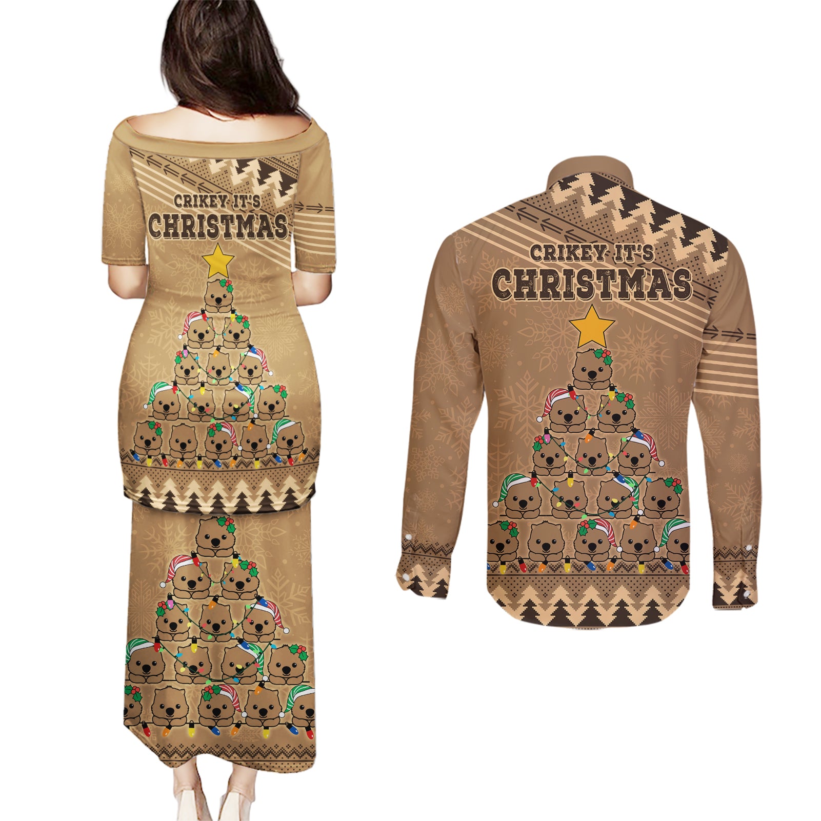 wombat-christmas-tree-couples-matching-puletasi-dress-and-long-sleeve-button-shirt-australia-merry-xmas-simple-style