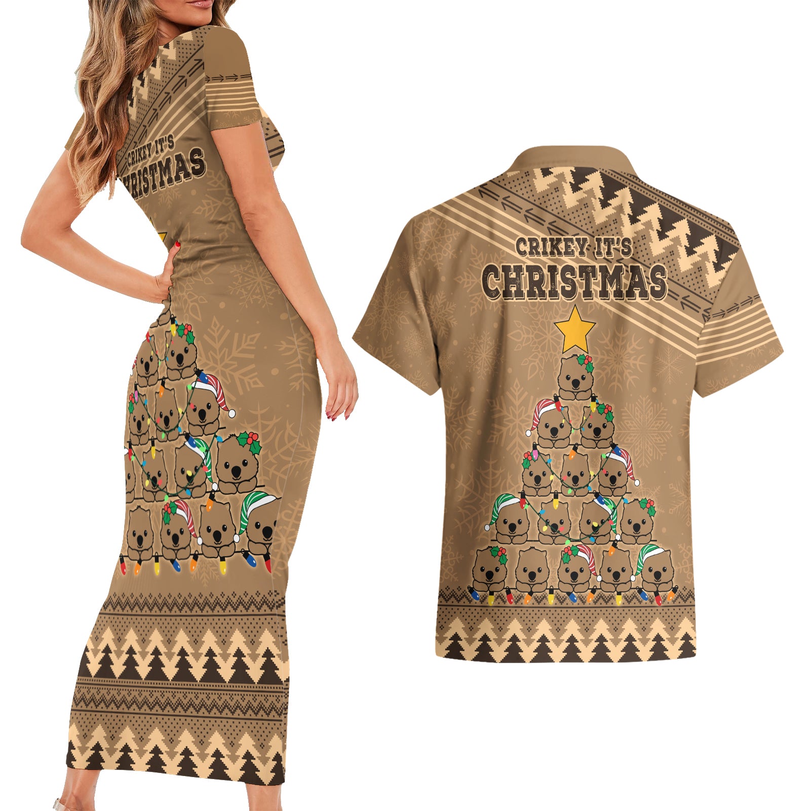 wombat-christmas-tree-couples-matching-short-sleeve-bodycon-dress-and-hawaiian-shirt-australia-merry-xmas-simple-style